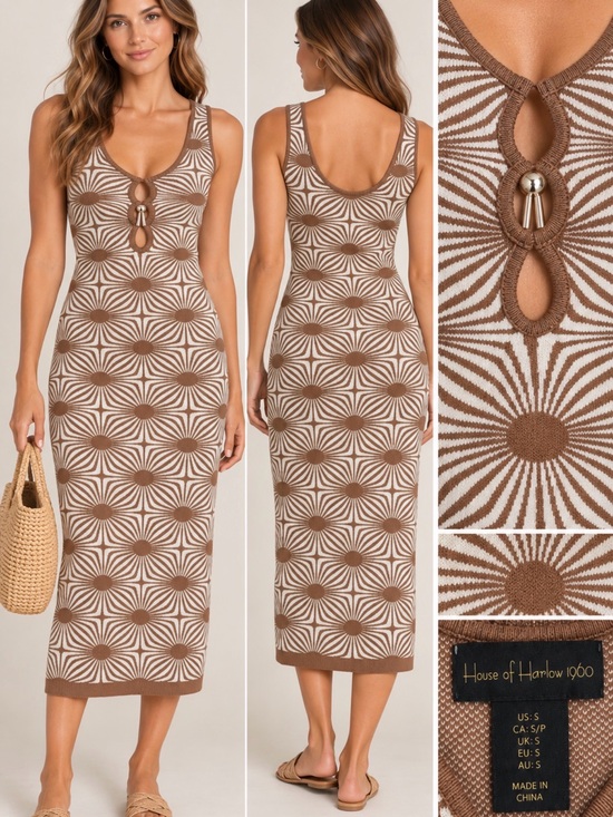 House of Harlow 1960 Dresses & Skirts - House of Harlow 1960 Brown & Cream Geometric Knit Midi Dress